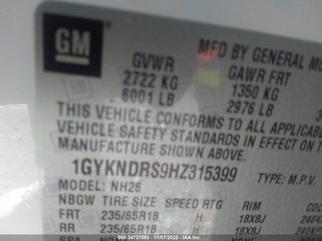 1GYKNDRS9HZ315399 Cadillac Xt5 Luxury Awd