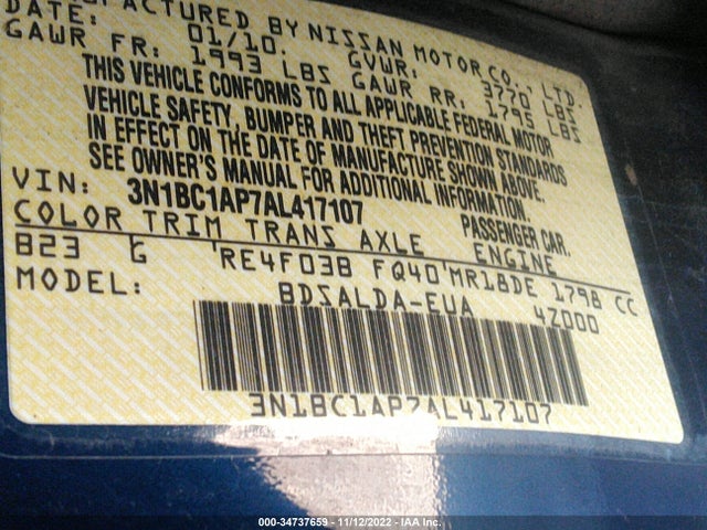2010 NISSAN VERSA 1.8 S VIN: 3N1BC1AP7AL417107