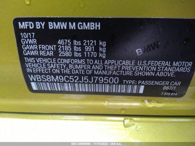 2018 BMW M3, VIN: WBS8M9C52J5J79500