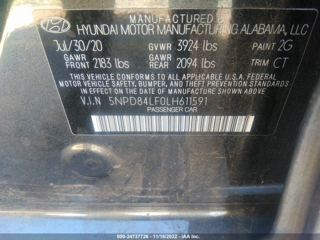Hyundai Elantra Limited 2020 5NPD84LF0LH611591 Image 11