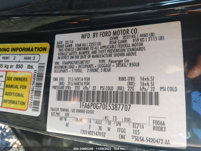 Ford FUSION S 2014 1FA6P0G70E5387707 Image 9