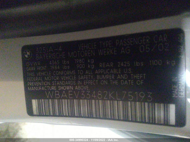 2002 BMW 3 SERIES 325I VIN: WBAEV33482KL75193