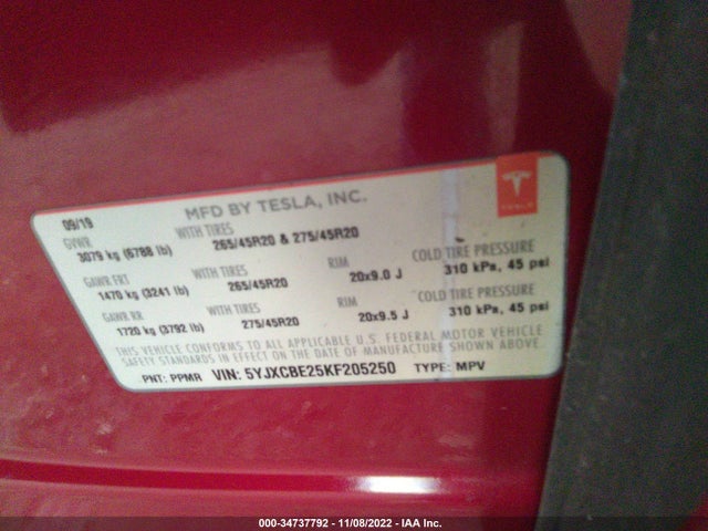 2019 Tesla Model X, VIN: 5YJXCBE25KF205250