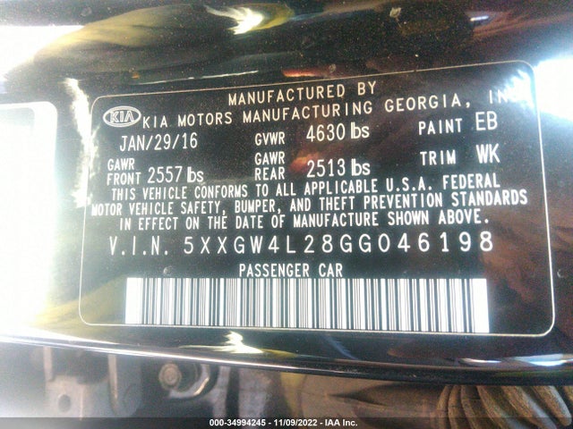 2016 Kia Optima, VIN: 5XXGW4L28GG046198