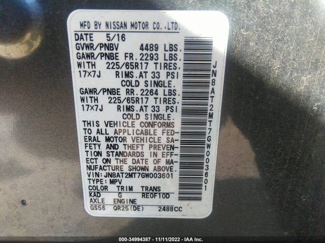 2016 NISSAN ROGUE S VIN: JN8AT2MT7GW003601
