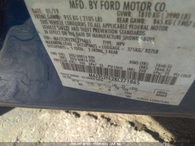2019 FORD ECOSPORT S VIN: MAJ3S2FE2KC271865