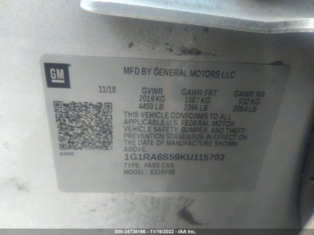 2019 Chevrolet Volt, VIN: 1G1RA6S59KU115703
