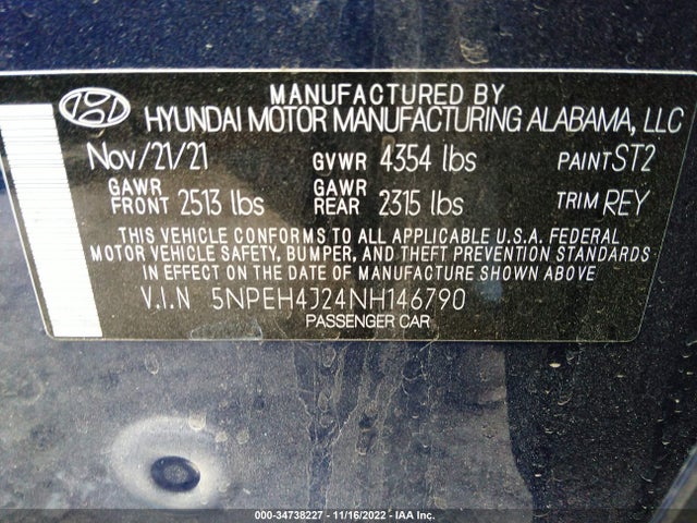 2022 HYUNDAI SONATA LIMITED VIN: 5NPEH4J24NH146790
