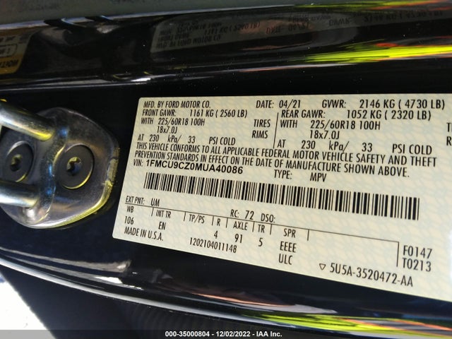 2021 Ford Escape, VIN: 1FMCU9CZ0MUA40086