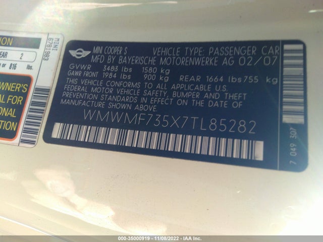 2007 MINI COOPER HARDTOP S VIN: WMWMF735X7TL85282