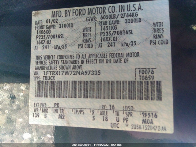 2002 FORD F-150 XL/XLT/LARIAT/KING RANCH VIN: 1FTRX17W72NA97335