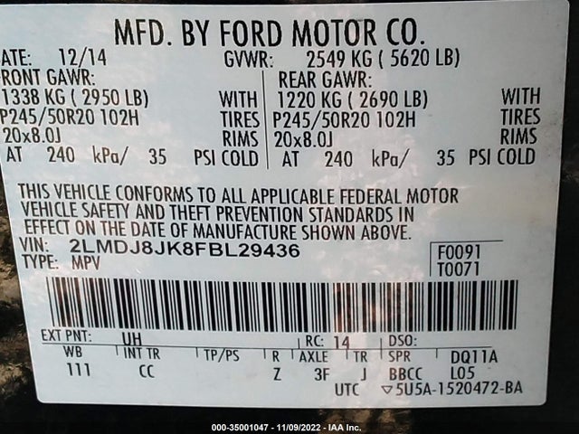 Lincoln MKX 2015 2LMDJ8JK8FBL29436 Image 11