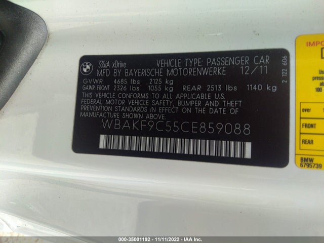 2012 BMW 3 SERIES 335I XDRIVE VIN: WBAKF9C55CE859088