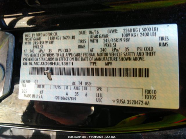 5LMCJ3D98HUL13511 Lincoln Mkc Reserve