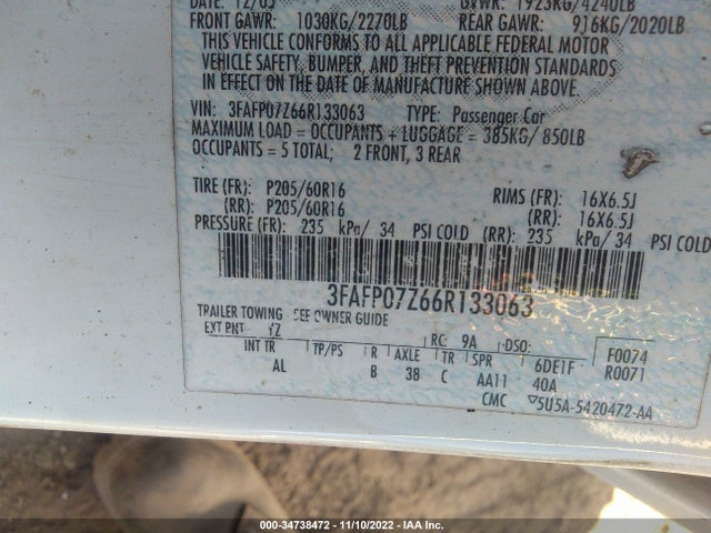 2006 FORD FUSION SE VIN: 3FAFP07Z66R133063