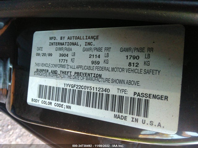 2000 MAZDA 626 LX/ES VIN: 1YVGF22C0Y5112340