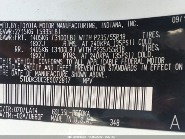 5TDDK3DC3ES072817 Toyota Sienna Limited 7 Passenger