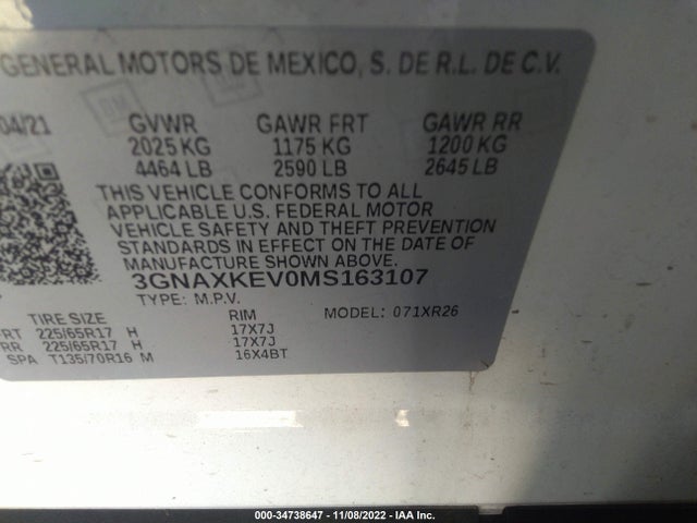 Chevrolet EQUINOX LT 2021 3GNAXKEV0MS163107 Image 9