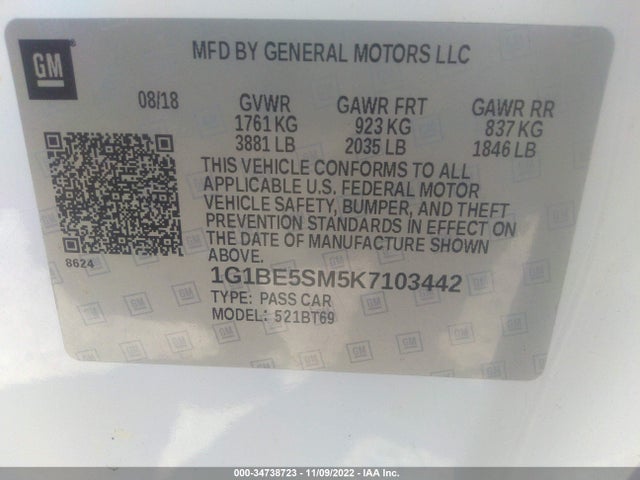 2019 CHEVROLET CRUZE LT VIN: 1G1BE5SM5K7103442