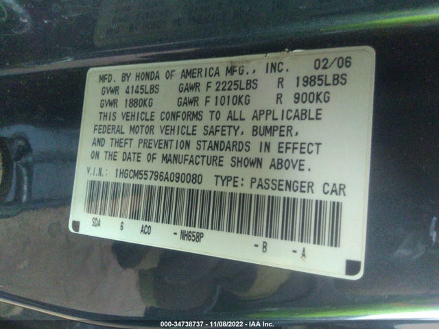 2006 HONDA ACCORD SDN EX/EX-L WITH NAVI VIN: 1HGCM55796A090080