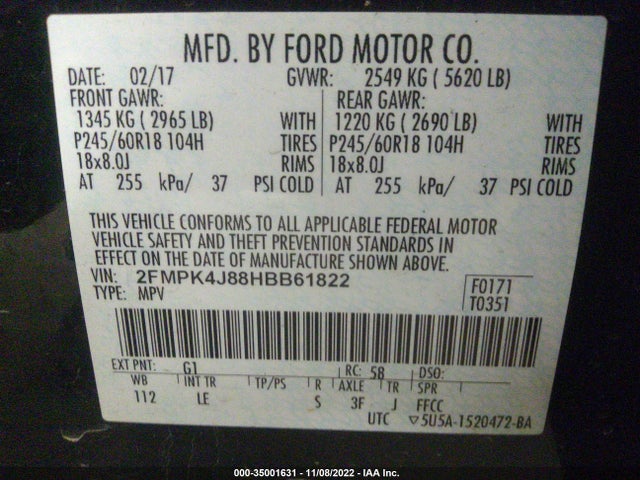 2017 FORD EDGE SEL VIN: 2FMPK4J88HBB61822