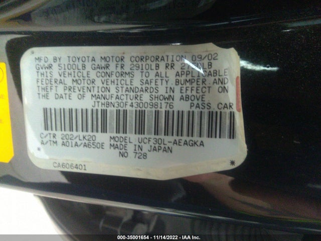 2003 LEXUS LS 430 VIN: JTHBN30F430098176