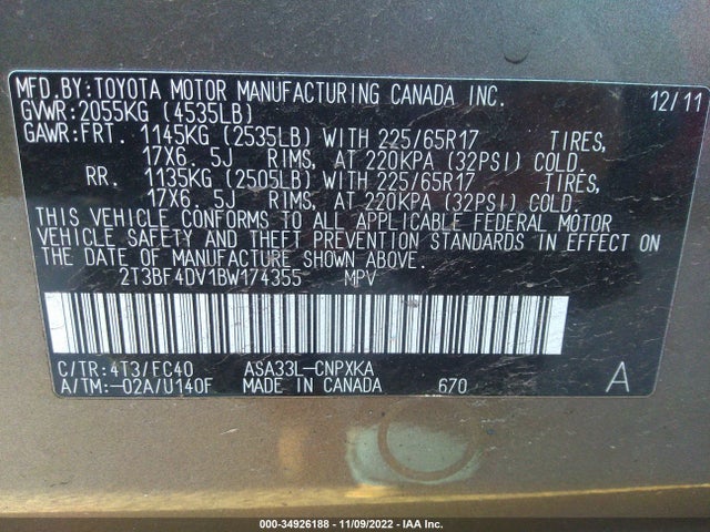 2011 TOYOTA RAV4 VIN: 2T3BF4DV1BW174355