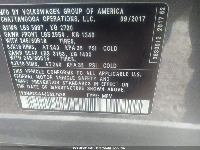2018 Volkswagen Atlas, VIN: 1V2MR2CA4JC527898