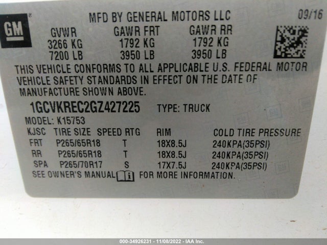 2016 CHEVROLET SILVERADO 1500 LT VIN: 1GCVKREC2GZ427225