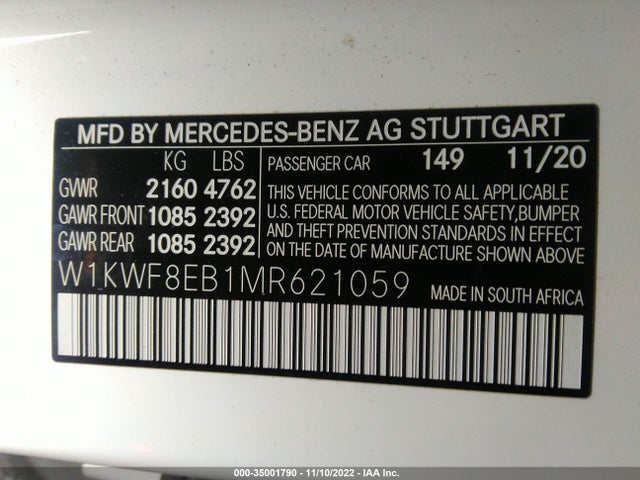 2021 Mercedes-Benz C-Class, VIN: W1KWF8EB1MR621059