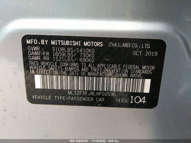 2020 MITSUBISHI MIRAGE G4 ES VIN: ML32F3FJ8LHF02596