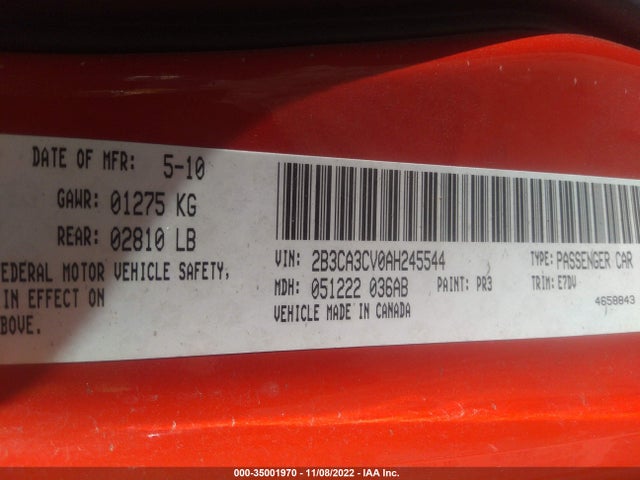2010 DODGE CHARGER SXT VIN: 2B3CA3CV0AH245544