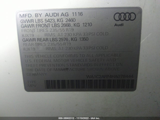 2017 AUDI Q5 PREMIUM VIN: WA1C2AFP4HA078444