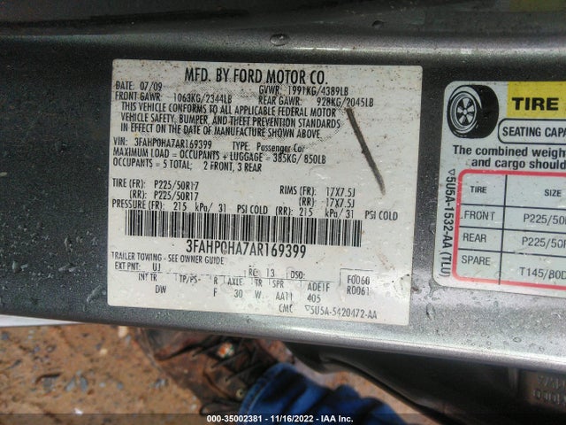 2010 FORD FUSION SE VIN: 3FAHP0HA7AR169399