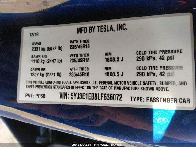 Tesla MODEL 3 2020 5YJ3E1EB8LF636072 Image 11