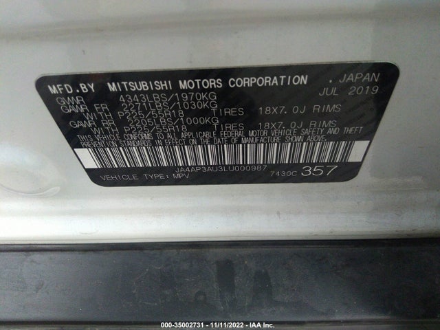 JA4AP3AU3LU000987 Mitsubishi Outlander Sport Es 2.0/sp 2.0