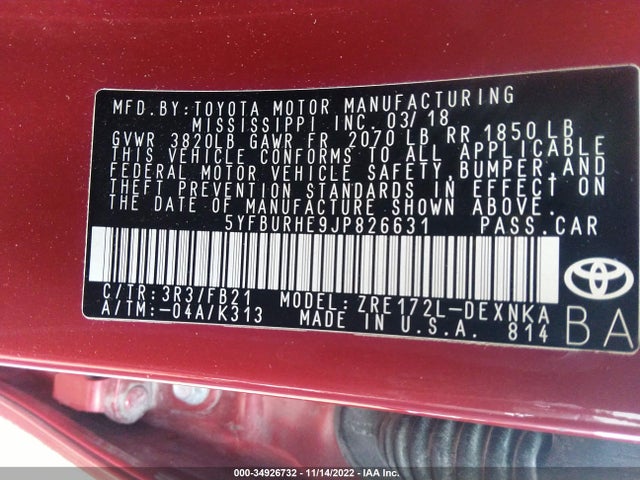 Toyota COROLLA LE 2018 5YFBURHE9JP826631 Image 9