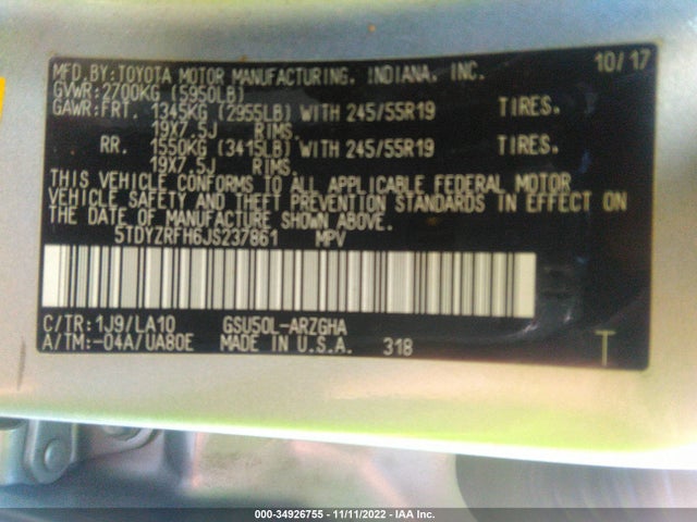 2018 Toyota Highlander, VIN: 5TDYZRFH6JS237861