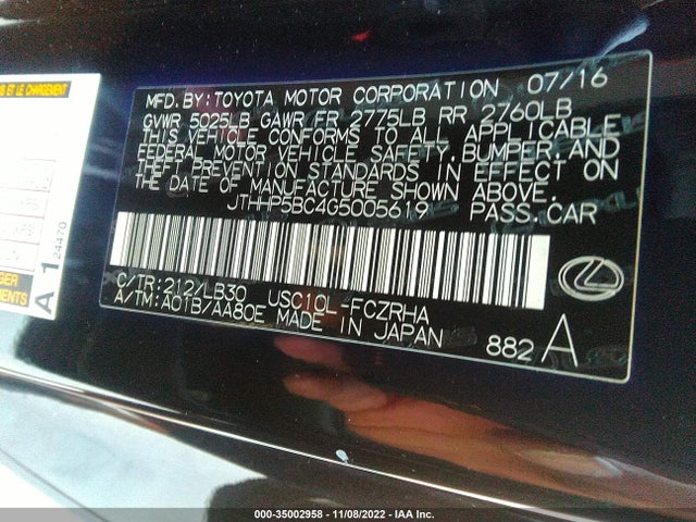 2016 Lexus RC, VIN: JTHHP5BC4G5005619