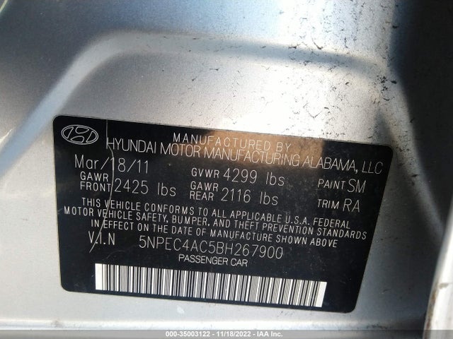 2011 HYUNDAI SONATA SE VIN: 5NPEC4AC5BH267900
