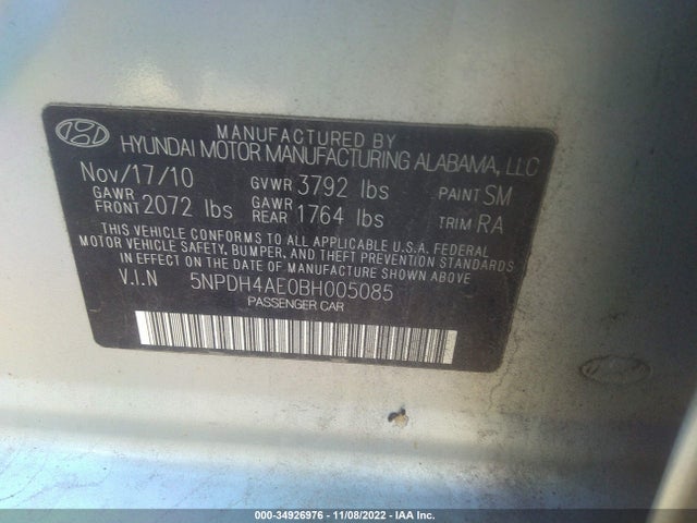 2011 HYUNDAI ELANTRA GLS VIN: 5NPDH4AE0BH005085