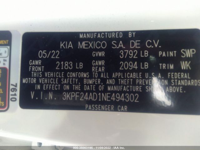 3KPF24AD1NE494302 KIA Forte Lxs
