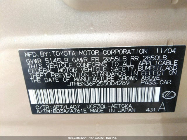 2005 LEXUS LS 430 VIN: JTHBN36F255004289