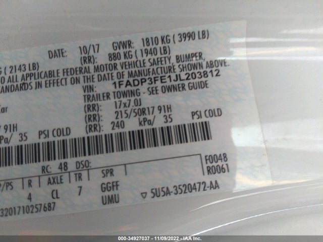 2018 Ford Focus, VIN: 1FADP3FE1JL203812