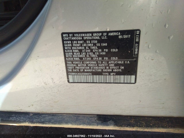 1V2NR2CA9JC505674 Volkswagen Atlas 3.6l V6 Sel Premium