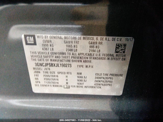 Chevrolet Trax Lt 2018 3GNCJPSBXJL190273 Image 10
