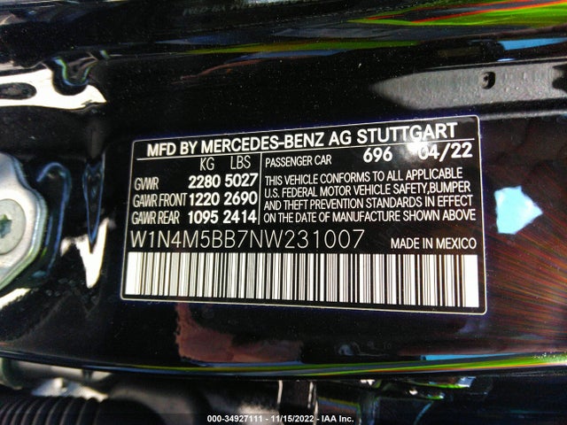 2022 Mercedes-Benz GLB-Class, VIN: W1N4M5BB7NW231007
