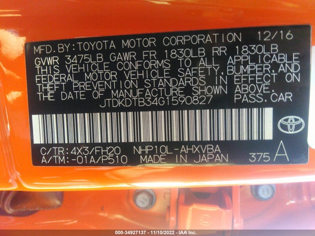 2016 Toyota Prius, VIN: JTDKDTB34G1590827