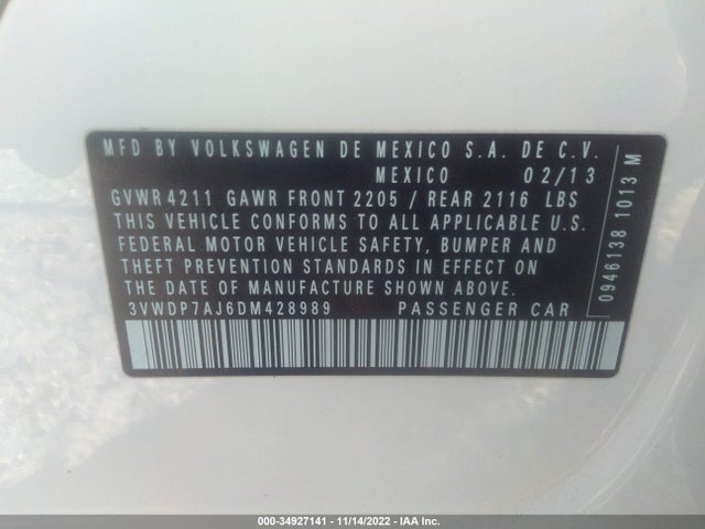 2013 VOLKSWAGEN JETTA SEDAN SE W/CONVENIENCE/SUNROOF VIN: 3VWDP7AJ6DM428989