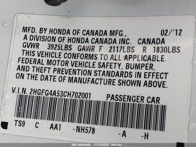 2012 HONDA CIVIC CPE SI VIN: 2HGFG4A53CH702001
